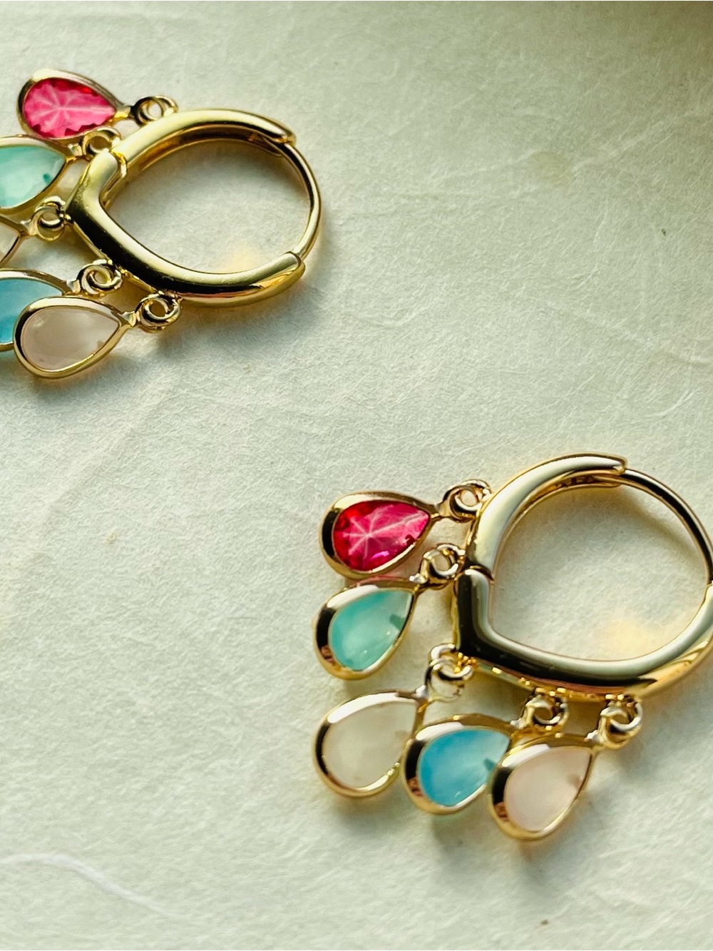 Gold Hoop Earrings with Pink, Aqua and Pearl Teardrop Charms